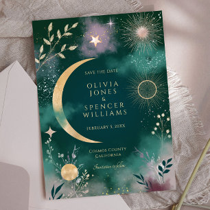 Invitation Céleste Lune Magique & Étoiles Émeraude Enregistre