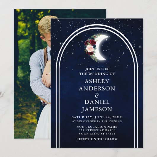 Invitation Céleste Lune Stars Arch Floral Photo Mariage (Devant / Derrière)