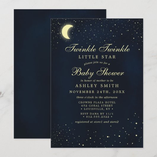 Invitation Céleste Lune Stars Twinkle Twinkle Baby shower (Devant / Derrière)