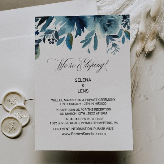 Invitation Céleste Marine Blue Floral Elopement Réception