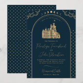 Invitation Céleste Marine Blue Gold Vintage Castle Mariage (Devant / Derrière)