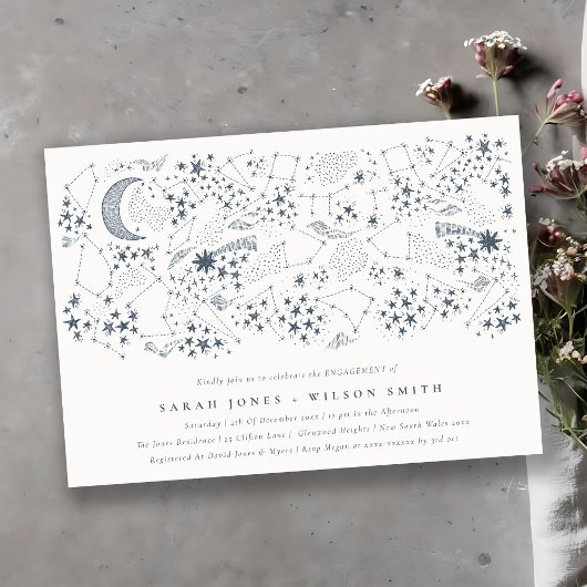 Invitation Céleste Marine Starry Night Moon Fiançailles croqu