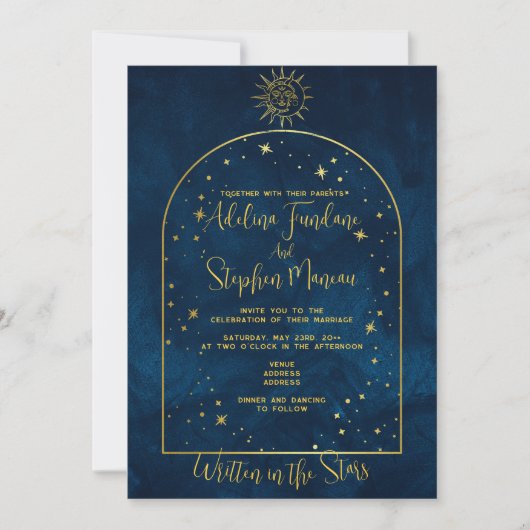 Invitation Céleste Midnight Blue Gold Star Moon Sun Mariage (Devant)