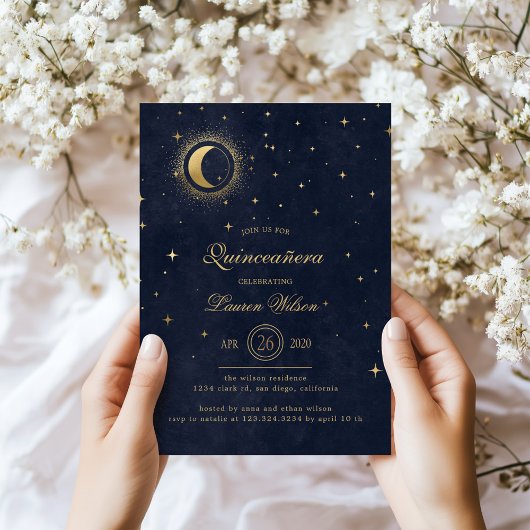 Invitation Céleste Midnight Blue Gold Stars Quinceanera