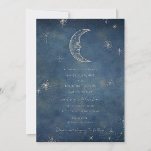 Invitation Céleste Midnight Blue Moon Stars Mariage (Devant)