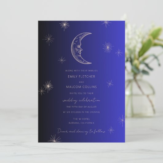 Invitation Céleste Midnight Blue Moon Stars Mariage (Debout devant)