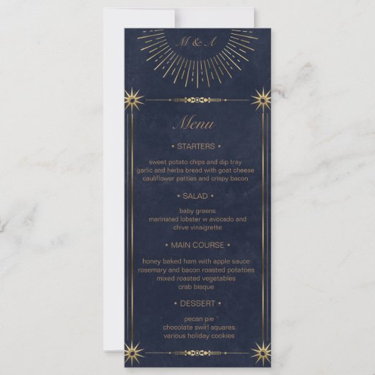 Invitation céleste minuit bleu or Mariage Dîner Menu (Devant)
