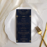 Invitation céleste minuit bleu or Mariage Dîner Menu<br><div class="desc">Notre collection "or céleste" présente une belle lune de croissant avec des étoiles d'or dans divers designs sur un arrière - plan bleu nuit velours jumelé à des polices élégantes. Facile à customiser et vous pouvez choisir parmi de nombreux articles de cette collection dans notre magasin.</div>