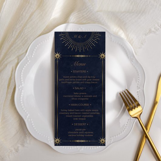 Invitation céleste minuit bleu or Mariage Dîner Menu