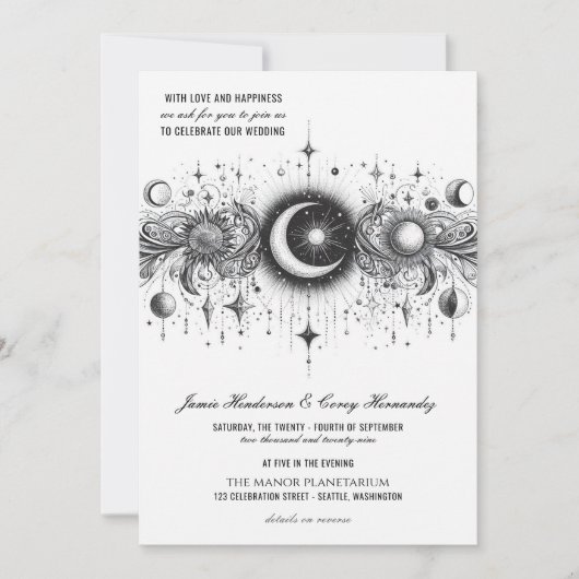 Invitation Céleste noir et blanc avec Mariage de code QR (Devant)