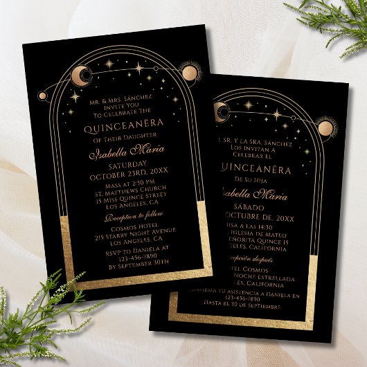 Invitation Celestial Black Gold Bilingue Espagnol Quinceañera