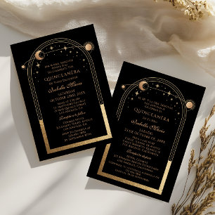 Invitation Celestial Black Gold Bilingue Espagnol Quinceañera