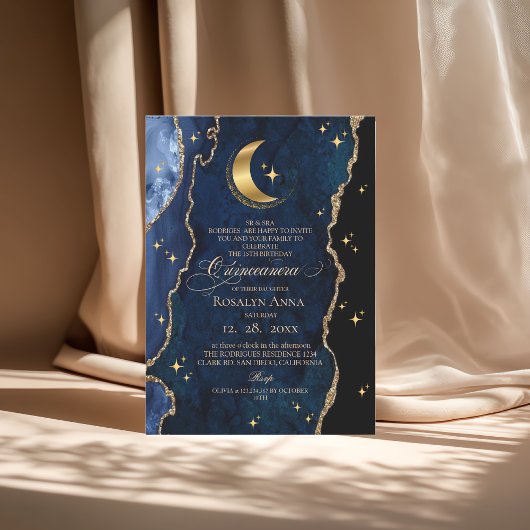 Invitation Celestial Blue Quinceanera Midnight Stars Moon