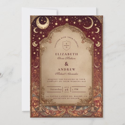 Invitation Celestial Burgundy Baroque Wedding (Devant)