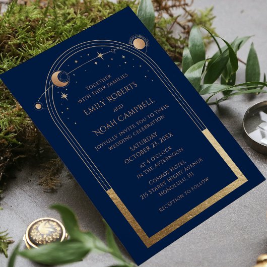 Invitation Celestial Chic Blue Gold Star Lune Espace d'astron