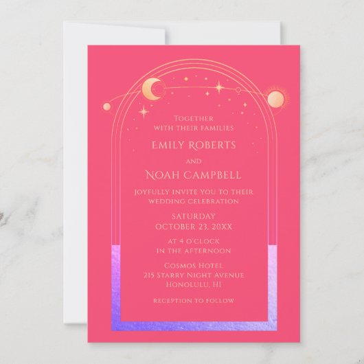 Invitation Celestial Chic Fuchsia Pink Star Moon Espace photo (Devant)