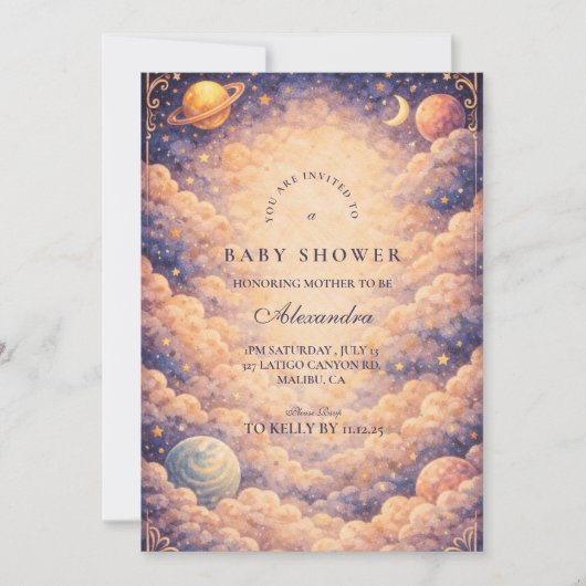 Invitation Celestial Cloud Planets Baby Shower (Devant)