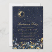 Invitation Celestial Floral Blue Stars Moon Graduation Party (Devant)