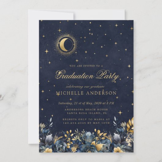 Invitation Celestial Floral Blue Stars Moon Graduation Party (Devant)