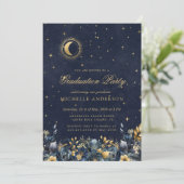 Invitation Celestial Floral Blue Stars Moon Graduation Party (Debout devant)