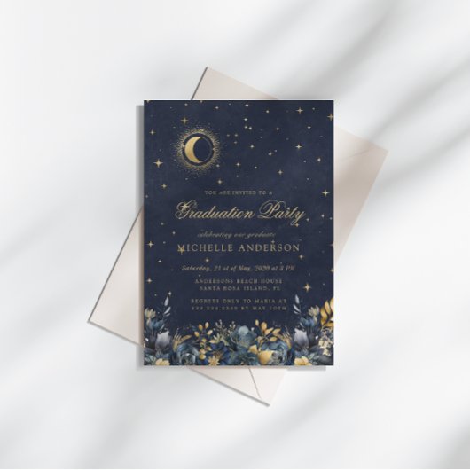 Invitation Celestial Floral Blue Stars Moon Graduation Party