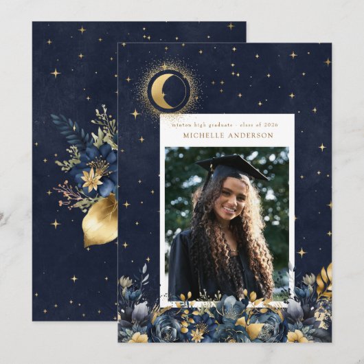 Invitation Celestial Floral Moon Graduation Announcement (Devant / Derrière)