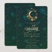 Invitation Celestial Gold Floral Moon Stars Wedding Green (Devant / Derrière)