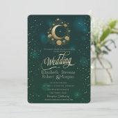 Invitation Celestial Gold Floral Moon Stars Wedding Green (Debout devant)