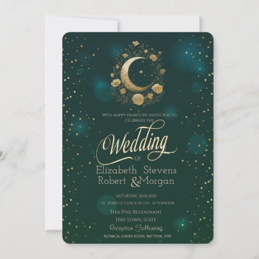 Invitation Celestial Gold Floral Moon Stars Wedding Green (Devant)