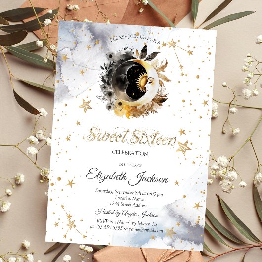 Invitation Celestial Gold Sun,Moon,Stars Flower Sweet 16