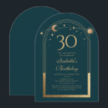Invitation Celestial Green Gold Sun Moon Stars 30e anniversai<br><div class="desc">Celestial Green Gold Sun Moon Astronomy 30th Birthday Invitations dispose d'un élégant soleil doré, lune et étoiles avec un cadre doré sur un arrière - plan vert forêt. A l'intérieur, vous avez vos informations d'invitation personnalisées pour le trentième anniversaire. Personnalisez en modifiant le texte dans les zones de texte. Conçu...</div>