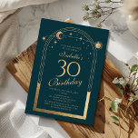 Invitation Celestial Green Gold Sun Moon Stars 30e anniversai<br><div class="desc">Celestial Green Gold Sun Moon Astronomy 30th Birthday Invitations dispose d'un élégant soleil doré, lune et étoiles avec un cadre doré sur un arrière - plan vert forêt. A l'intérieur, vous avez vos informations d'invitation personnalisées pour le trentième anniversaire. Personnalisez en modifiant le texte dans les zones de texte. Conçu...</div>