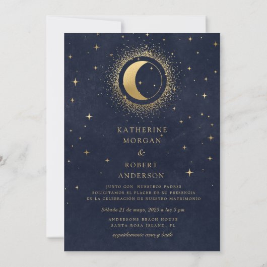 Invitation Celestial Midnight Blue Anglais Mariage espagnol (Dos)