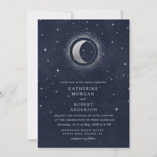 Invitation celestial midnight blue stars moon Wedding Invitat (Devant)