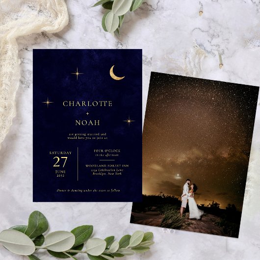 Invitation Celestial Midnight Gold Moon Stars Mariage photo