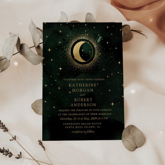 Invitation Celestial Midnight Green Stars Moon Mariage