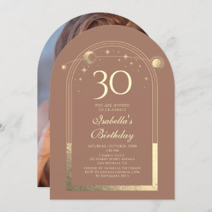 Invitation Celestial Mocha Gold Sun Moon Stars 30e anniversai