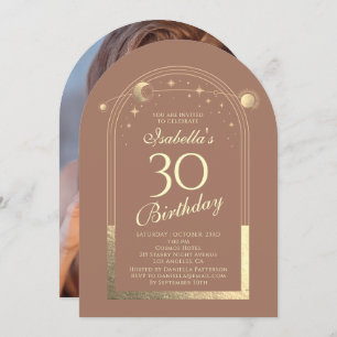 Invitation Celestial Mocha Gold Sun Moon Stars 30e anniversai