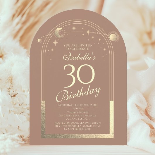 Invitation Celestial Mocha Gold Sun Moon Stars 30e anniversai
