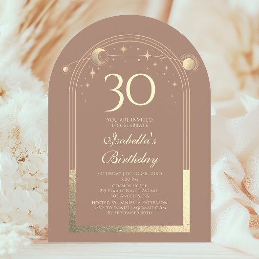 Invitation Celestial Mocha Gold Sun Moon Stars 30e anniversai