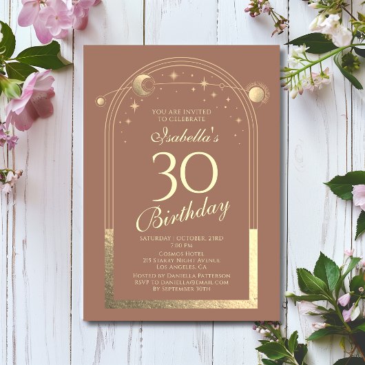 Invitation Celestial Mocha Gold Sun Moon Stars 30e anniversai