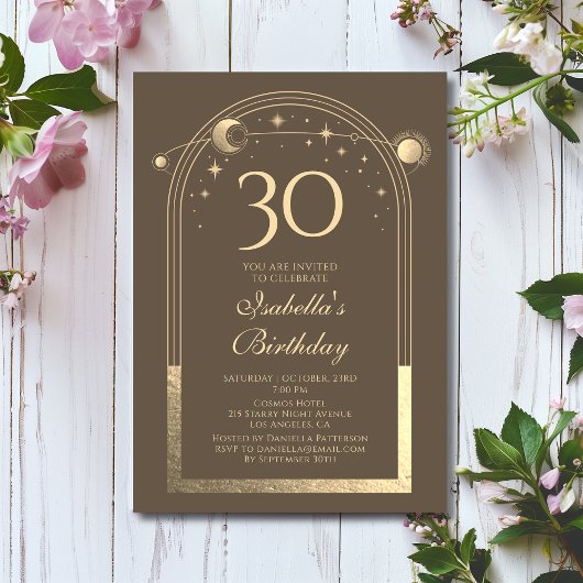 Invitation Celestial Mocha Gold Sun Moon Stars 30e anniversai