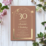 Invitation Celestial Mocha Gold Sun Moon Stars 30e anniversai<br><div class="desc">Celestial Mocha Mousse Gold Sun Moon Astronomy 30th Birthday Invitations dispose d'un élégant soleil doré, lune et étoiles avec un cadre doré sur un arrière - plan de mousse mocha. A l'intérieur, vous avez vos informations d'invitation personnalisées pour le trentième anniversaire. Personnalisez en modifiant le texte dans les zones de...</div>