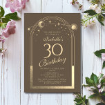 Invitation Celestial Mocha Gold Sun Moon Stars 30e anniversai<br><div class="desc">Celestial Mocha Gold Sun Moon Astronomy 30th Birthday Invitations dispose d'un élégant soleil doré, lune et étoiles avec un cadre doré sur un arrière - plan mocha. A l'intérieur, vous avez vos informations d'invitation personnalisées pour le trentième anniversaire. Personnalisez en modifiant le texte dans les zones de texte. Conçu pour...</div>
