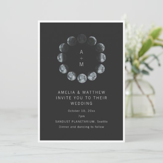 Invitation Celestial Moon Phase Black Dark Night Sky Wedding (Debout devant)