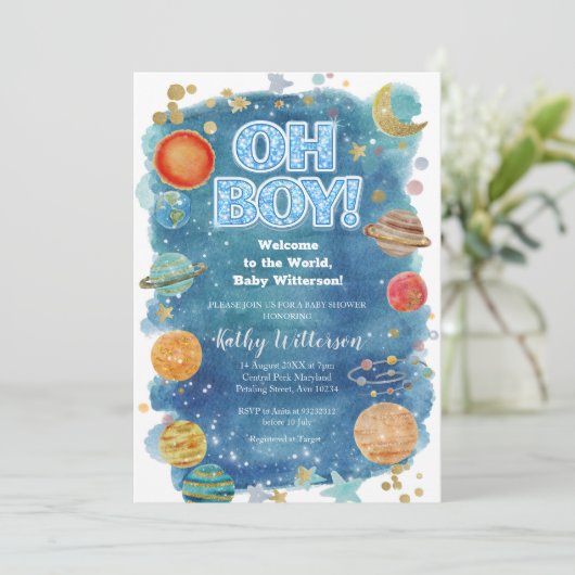 Invitation Celestial Moon Planet Space Baby Shower  (Debout devant)