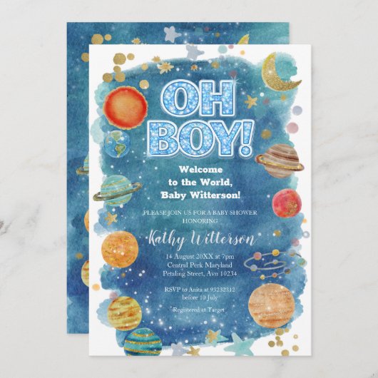 Invitation Celestial Moon Planet Space Baby Shower  (Devant / Derrière)