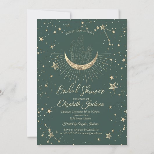 Invitation Celestial Moon,Stars Diamond Green Bridal Shower  (Devant)