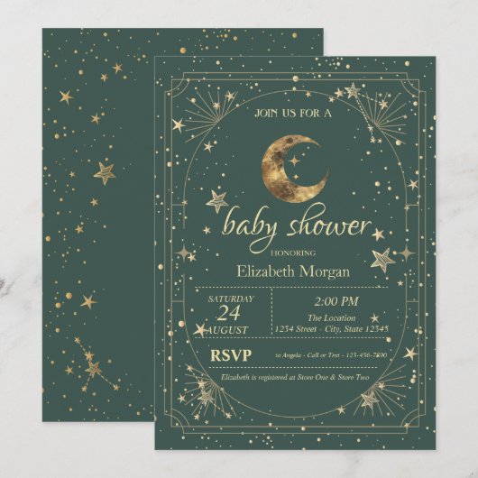 Invitation Celestial Moon Stars Frame Green (Devant / Derrière)