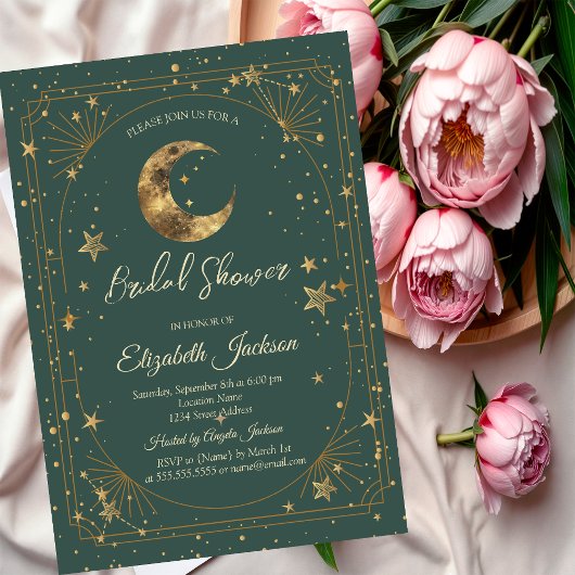 Invitation Celestial Moon Stars Frame Green Bridal Shower